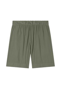 Bermudas verde oliva hechas de una tela suave, con una cintura elástica, corte recto y diseño hasta la rodilla. Sin bolsillos ni adornos adicionales.
