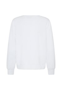 Sweat-shirt blanc uni à manches longues avec poignets et ourlet côtelés, montré de dos sur fond blanc.