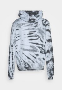 Sudadera con capucha de tie-dye en blanco y negro, de mangas largas y mostrada desde la parte trasera sobre un fondo blanco liso.