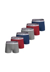 Boxer da uomo in grigio, rosso e blu navy, con una morbida fascia elastica con la scritta "PATRIOTS" e un dettaglio a righe rosse, bianche e blu.
