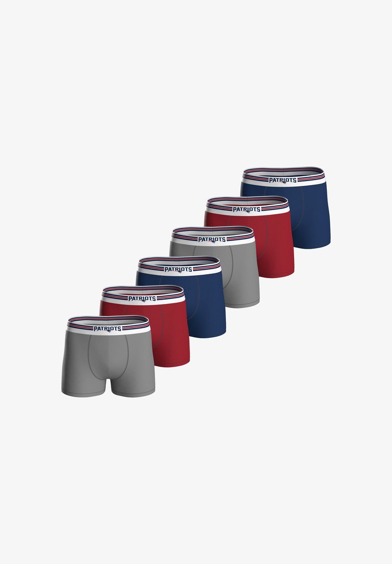 Boxer da uomo in grigio, rosso e blu navy, con una morbida fascia elastica con la scritta "PATRIOTS" e un dettaglio a righe rosse, bianche e blu.