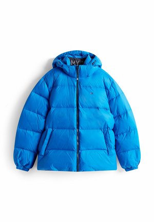 Helle blaue Daunenjacke mit Kapuze, Reißverschluss vorne und zwei Seitentaschen. Verfügt über ein gestepptes Design und elastische Bündchen für zusätzliche Wärme.