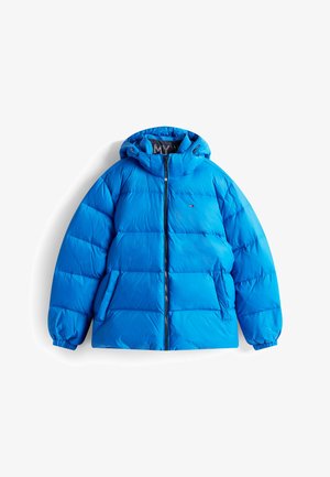 Giacca a vento blu brillante con cappuccio, chiusura con zip e due tasche laterali. Presenta un design trapuntato e polsini elasticizzati per il calore.