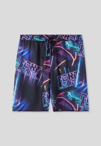 Pantaloni da bagno neri con un motivo grafico colorato che presenta controller di gioco al neon e testo. Realizzati in un tessuto leggero e liscio.