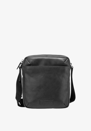 Borsa a tracolla in pelle nera con texture liscia, forma quadrata, chiusura superiore con cerniera e tracolla regolabile. Presenta un dettaglio logo frontale.