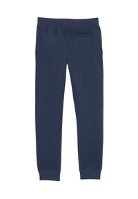 Marineblauwe sweatpants met een gladde textuur, een elastische tailleband, geribbelde boorden en een enkele achterzak. Eenvoudig, casual ontwerp.
