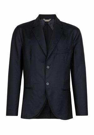 Blazer pour homme bleu marine foncé avec revers crantés, fermeture à deux boutons et poches passepoilées sur fond blanc uni.