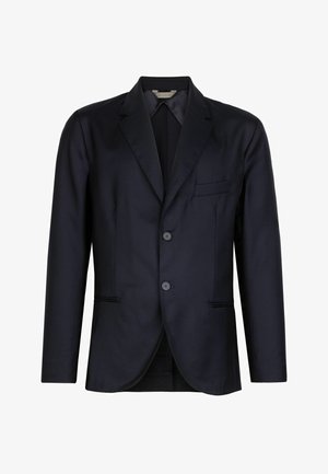 Blazer pour homme bleu marine foncé avec revers crantés, fermeture à deux boutons et poches passepoilées sur fond blanc uni.