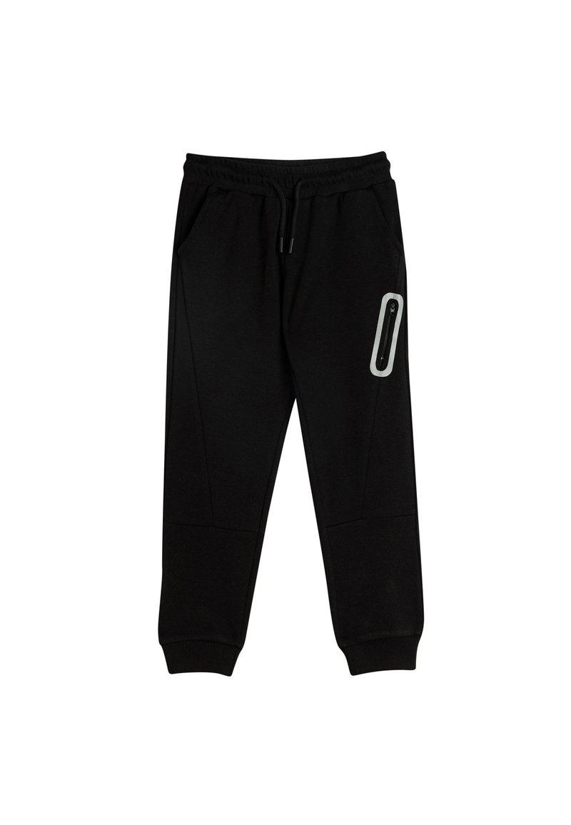 Schwarze Sweatpants mit elastischem Bund, Kordelzug, zwei Seitentaschen und einer Reißverschlusstasche am rechten Oberschenkel. Weicher Stoff mit glatter Textur.