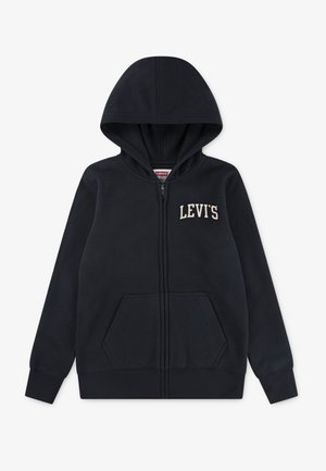 Marineblauwe zip-up hoodie met een voorste kangaroo zak, ribgebreide manchetten en een capuchon. Heeft een "Levi's" logo in crèmekleur op de linkerborst.