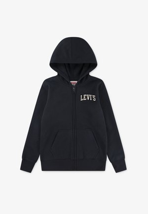 Sötétkék zipzáras kapucnis pulóver, elől kenguruzsebbel, bordás mandzsettákkal és kapucnival. A bal mellen krémszínű "Levi's" logó található.