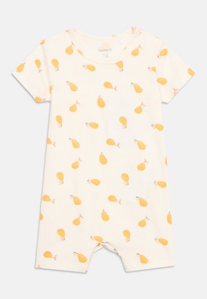 Krém színű rövid ujjú babaruházat, melyen sárga kis körték zöld szárakkal mindenütt megjelennek.