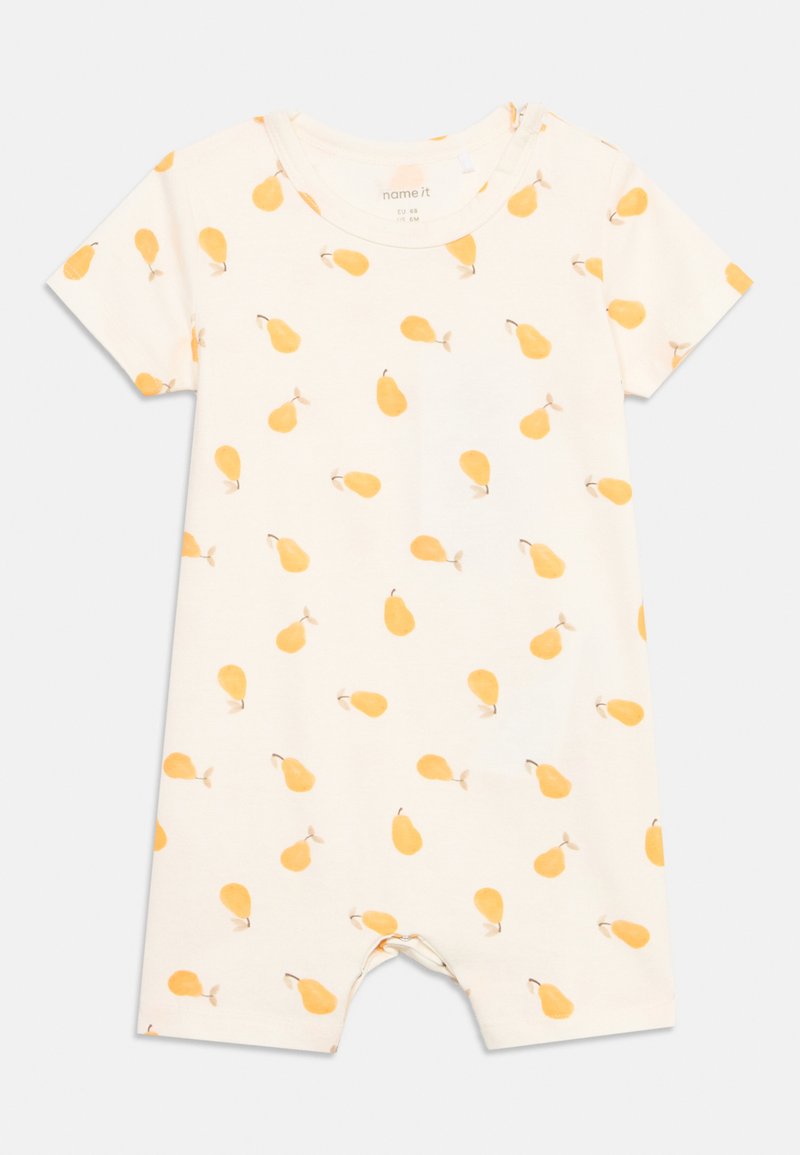 Βρεφικό φορμάκι μπεζ χρώματος με κοντά μανίκια, διακοσμημένο με ολόκληρο μοτίβο μικρών κίτρινων αχλαδιών με πράσινα κοτσάνια.