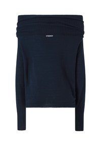 Mornarčki pleteni pulover bez ramena s rebrastim izrezom i dugim rukavima; ima vidljivu oznaku marke sprijeda. Teksturirana tkanina.