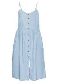 Ljusblå denimklänning, utan ärmar, med en smal midja och utsvängd kjol. Har knappstängning framtill och sidofickor.