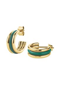 Pendientes de aro de oro con dos bandas de esmalte turquesa, con un acabado suave y pulido y un cierre de palanca para un uso seguro.