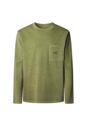 Dlouhý rukáv olivově zelené tričko vyrobené z bavlny. Obsahuje náprsní kapsu s etiketou, kulatý výstřih a volný střih. Hladká textura.