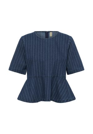 Blouse bleu marine à rayures fines, manches courtes, encolure ronde et ourlet à volant, avec fermeture éclair au dos.