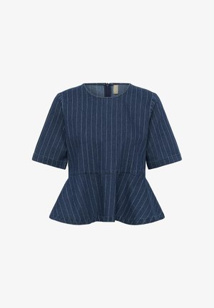 Bluza tamnoplave boje s tankim bijelim prugama, kratkih rukava, s okruglim dekolteom i volanom na rubu, s patentnim zatvaračem na leđima.