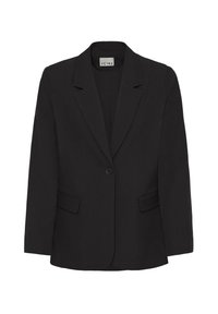Blazer noir à coupe ajustée, avec col à revers cranté, fermeture à un bouton et deux poches avant. Tissu lisse avec une finition mate.