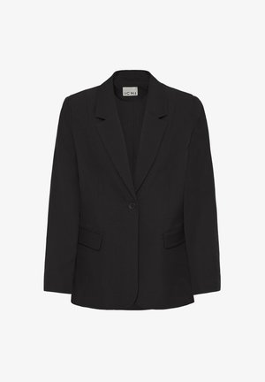 Must jakk-kostüüm, millel on kohandatud lõige, sälguga krae, ühe nupuga sulgur ja kaks esimest taskut. Siledast kangast, matt viimistlusega.