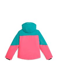 Kleur-geblokkeerde jas met een turquoise bovenkant en roze onderkant, voorzien van een capuchon en verstelbare manchetten. Gemaakt van synthetisch materiaal.