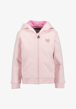Hoodie zippé rose clair en matériau doux, doté d'une doublure intérieure rose contrastante, de deux poches avant et d'un détail de broderie en forme de cœur.