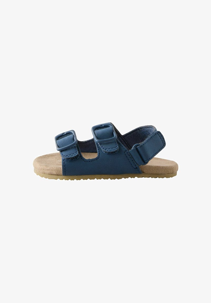Sandale bleue pour enfants avec deux brides avant réglables, une bride arrière, et une semelle beige coussinée sur fond blanc.