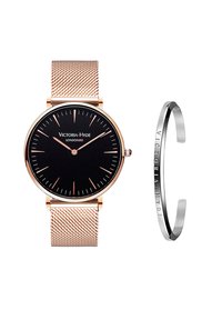 Black dial watch with rose gold metal mesh strap; features simple hour markers and logo. Includes a slim silver bracelet with engraving.