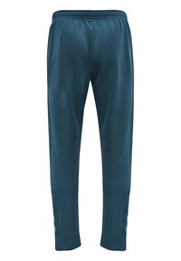 Heren sportbroek in een diepe teal kleur, gemaakt van gladde stof, met een elastische tailleband en contrasterende blauwe zijstrepen.