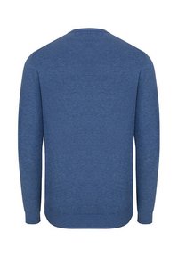 Niebieski sweter dzianinowy z okrągłym dekoltem, długimi rękawami i gładką fakturą. Tył ma jednolity kolor i minimalistyczny design.