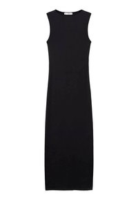 Robe maxi sans manches noire en tissu lisse et extensible ; silhouette ajustée avec une coupe droite, adaptée aux occasions décontractées ou formelles.