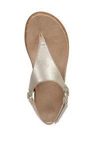 Metallic silver thong sandal with a textured footbed, adjustable ankle strap, and flat sole. Smooth upper material and no prominent patterns.