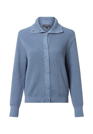 Cardigan lavorato a maglia blu chiaro con una texture a coste, un ampio colletto e sei bottoni sulla parte anteriore. Presenta maniche lunghe e un orlo aderente.