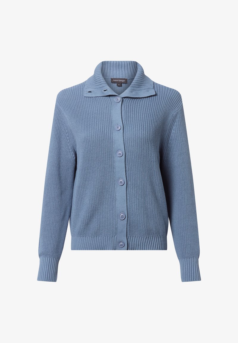 Lichtblauwe gebreide cardigan met een geribbelde textuur, een brede kraag en zes knopen aan de voorkant. Heeft lange mouwen en een aansluitende zoom.