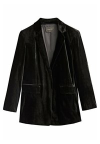 Blazer en velours noir avec un col cranté, deux poches avant et une fermeture à un bouton. Texture lisse avec une coupe ajustée.