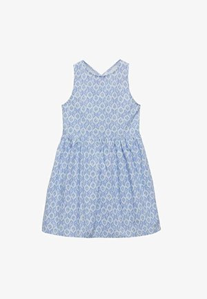 Rochie fără mâneci de culoare albastră deschisă, cu decolteu în V, fustă evazată și un design cu model de frunze în nuanțe de albastru închis și alb.