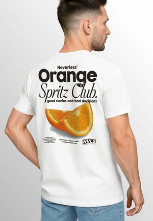 White cotton t-shirt featuring a graphic of an orange slice with text saying "Neverless Orange Spritz Club" in bold black letters.