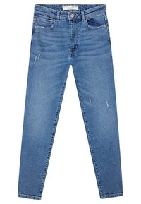 Vaqueros de denim azul ajustados con una cintura de medio alto, ligeras arrugas, detalles desgastados y un estilo tradicional de cinco bolsillos.