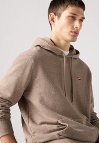 Felpa marrone realizzata in tessuto testurizzato, con tasca frontale e cappuccio con coulisse. Presenta un piccolo logo rosso di Levi's sul petto.