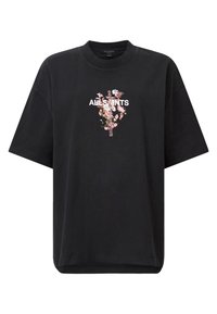 T-shirt in cotone nero con maniche corte e vestibilità rilassata. Il design frontale presenta grafiche floreali e il testo “ALLSAINTS” in bianco.