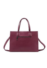 Burgundowa skórzana torba na ramię z podwójnymi uchwytami, odczepianym paskiem na ramię, przednią kieszenią na zamek, gładką fakturą i prostokątnym kształtem.