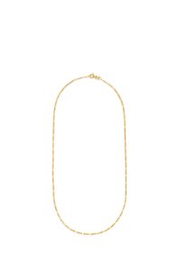 Goldkette mit einem zarten, länglichen Glieddesign und einem Karabinerverschluss. Glatte Textur mit glänzender Oberfläche.