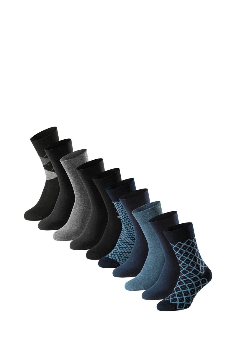 Dieci paia di calze in diverse tonalità di nero, grigio e blu, caratterizzate da colori solidi e motivi geometrici, realizzate in tessuto morbido.