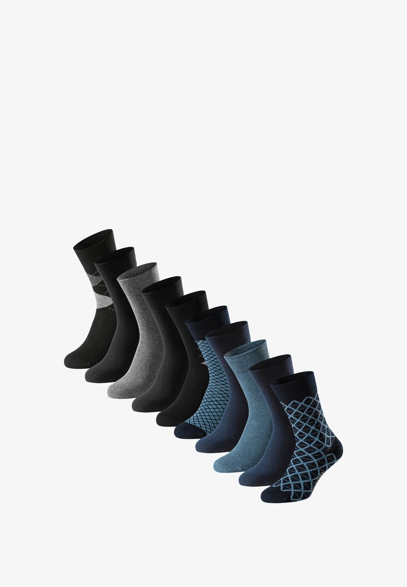 Dieci paia di calze in diverse tonalità di nero, grigio e blu, caratterizzate da colori solidi e motivi geometrici, realizzate in tessuto morbido.