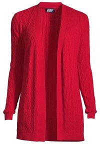 Röd kabelstickad cardigan med öppen fram, långa ärmar, ribbade mudd och texturerad design. Tillverkad av mjukt tyg för komfort.