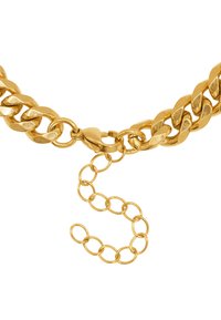 Collana in oro con maglie spesse, dotata di moschettone e catena regolabile. La superficie ha una texture lucida e lucente.