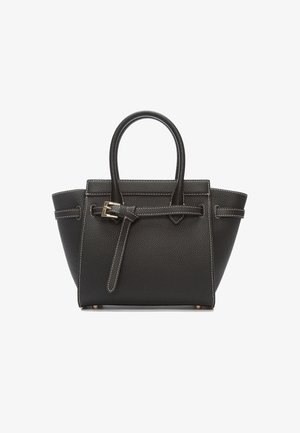 Juodas odinis rankinukas su reljefu, struktūrizuota forma, dviem rankenom ir diržo detale su auksinės spalvos sagtimi.