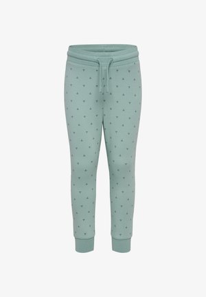 Lys grønne joggerbukser lavet af blødt stof, med små mørkeblå trekantede mønstre, elastisk talje med snor og ribbede manchetter.