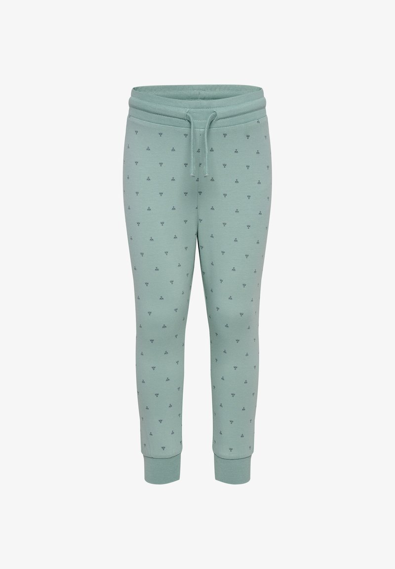 Ljusgröna joggerbyxor i mjukt tyg, med små mörkblå triangulära mönster, elastisk midja med dragsko och ribbade muddarna.